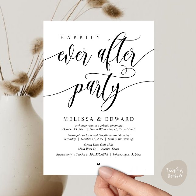 Wedding Elopement, Happily Ever After Party  Invitation (Happily Ever After Party Invitation Card, PDF, Wedding Elopement Dinner Brunch Lunch, White Black)