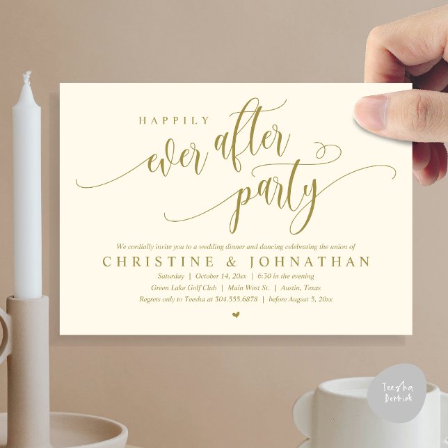 Wedding Elopement, Happily Ever After Party  Invitation (Wedding Elopement, Happily Ever After Party Invitation Card, Modern Script, PDF, in Yellow Gold)