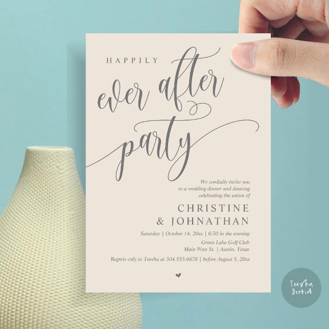 Wedding Elopement, Happily Ever After Party  Invitation (Wedding Elopement, Happily Ever After Party Invites Card, Modern Contemporary, PDF, Dark Grey Cream)