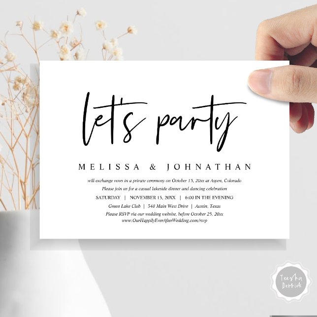 Wedding Elopement, Modern Minimalist, lets party Invitation (Let's Party, Post Wedding Elopement Dinner and Party Celebration Invitation Card, in Black White)