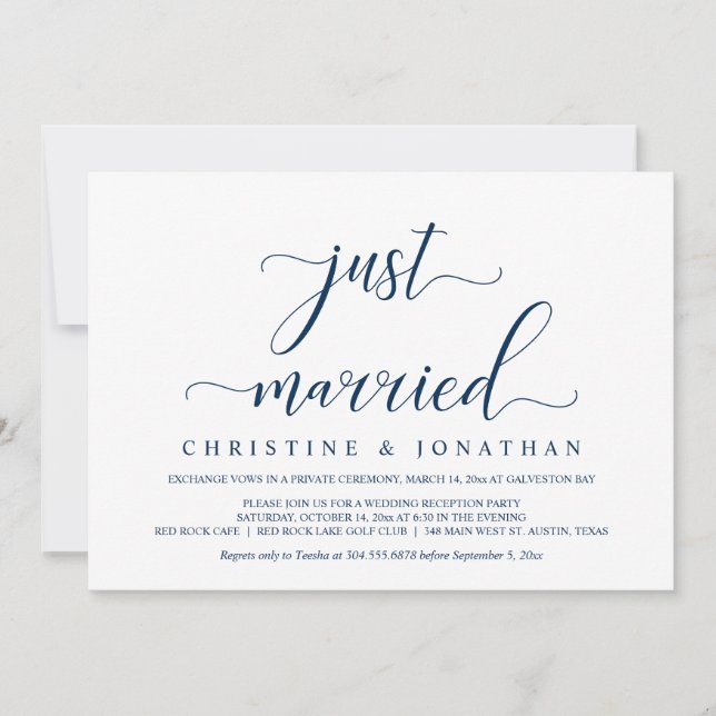 Wedding Elopement, Navy Blue, Just Married party Invitation (Front)