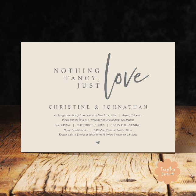 Wedding Elopement, Nothing Fancy, Just Love Invitation (Nothing Fancy Just Love Modern Casual Wedding Elopement Dinner Party Invitation Card PDF Cream Grey)