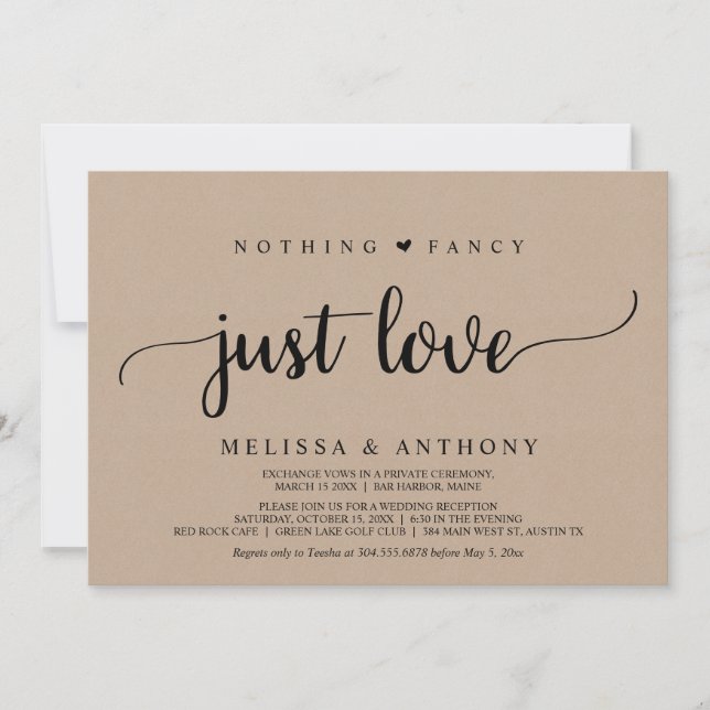 Wedding Elopement, Nothing Fancy Just Love, kraft Invitation (Front)