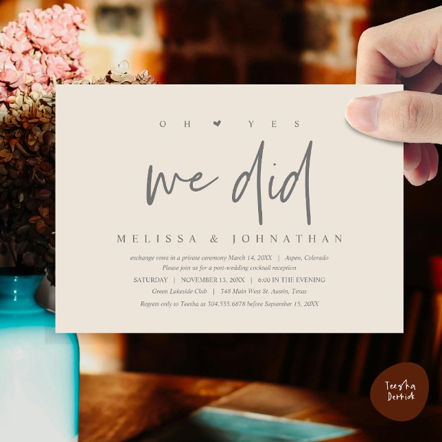 Wedding Elopement, oh yes we did Invitation (Oh yes we did, Modern Wedding Elopement Dinner Party Invitation Card, PDF, Cream Grey)