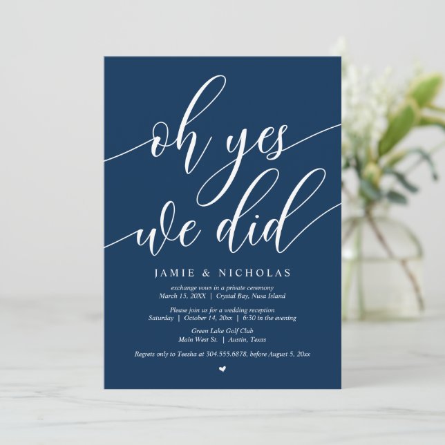 Wedding Elopement Party, Oh Yes, We Did, Navy Blue Invitation (Standing Front)