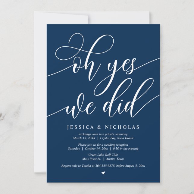 Wedding Elopement Party, Oh Yes, We Did, Navy Blue Invitation (Front)