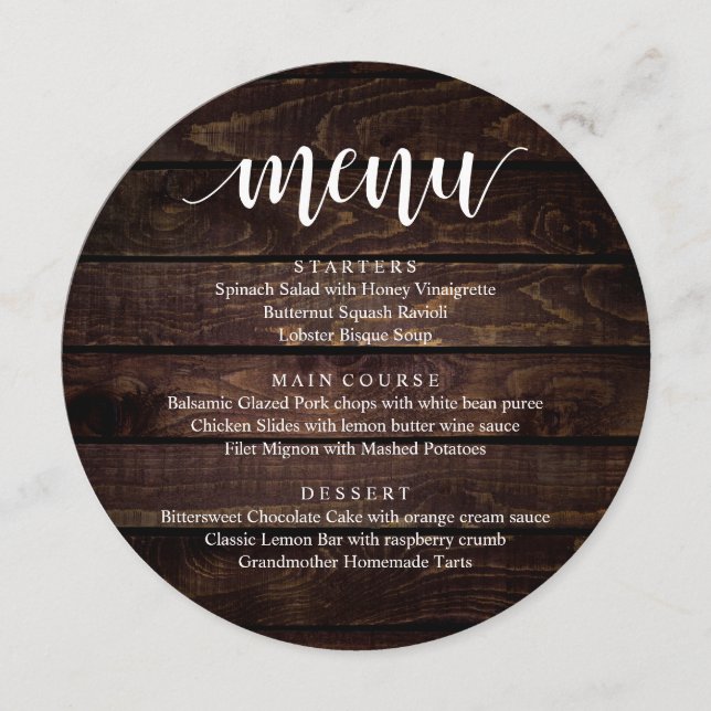 Wedding Elopement Reception Dinner, Rustic Cottage Menu (Front)