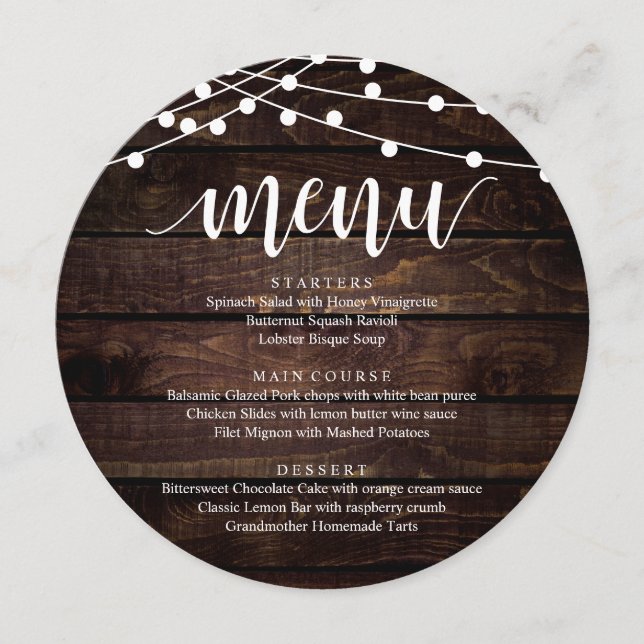 Wedding Elopement Reception Dinner, Rustic Wood Menu (Front)