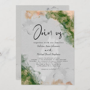 WEDDING   Emerald and Coral Alcohol Ink Invitation