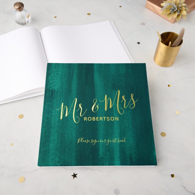 Wedding emerald green and real gold Foil Guestbook (Front Open)