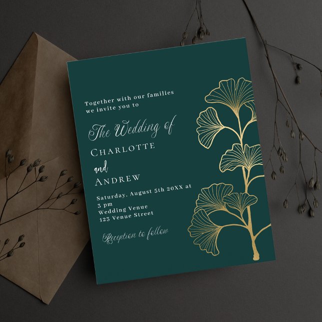 Wedding emerald green ginkgo budget invitation flyer (Creator Uploaded)