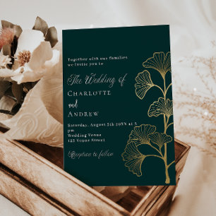 Wedding emerald green ginkgo greenery gold invitation