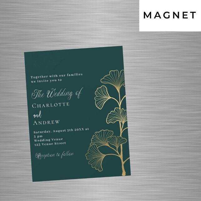 Wedding emerald green ginkgo leaves gold luxury magnetic invitation (Creator Uploaded)