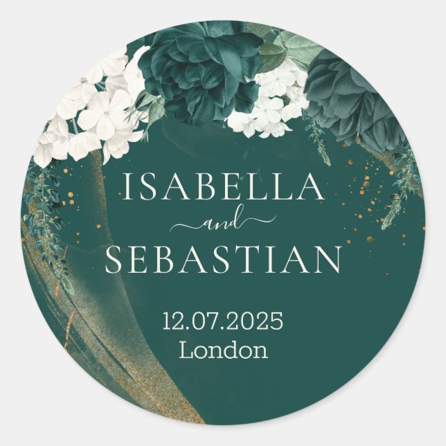 Wedding Emerald Green Rose Classic Round Sticker (Front)