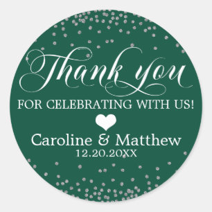 Wedding Emerald Green Sparkle Silver THANK YOU Cla Classic Round Sticker