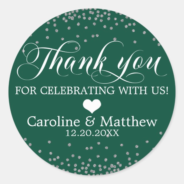 Wedding Emerald Green Sparkle Silver THANK YOU Cla Classic Round Sticker (Front)