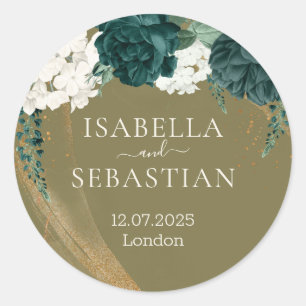 Wedding Emerald Green yellow Rose Classic Round Sticker