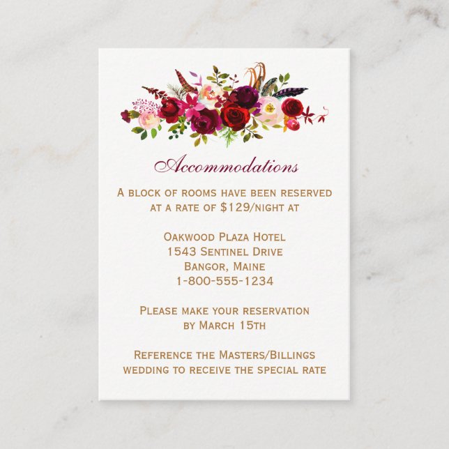 Wedding Enclosure Card - Burgundy Floral, Feathers (Front)