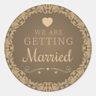 Wedding Engagement Brown Floral Damask Heart Classic Round Sticker