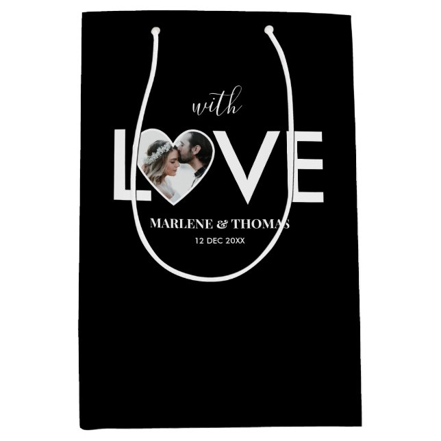 Wedding Engagement Custom Photo Black Heart Frame Medium Gift Bag (Front)