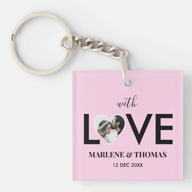 Wedding Engagement Custom Photo Pink Heart Frame Key Ring (Front)