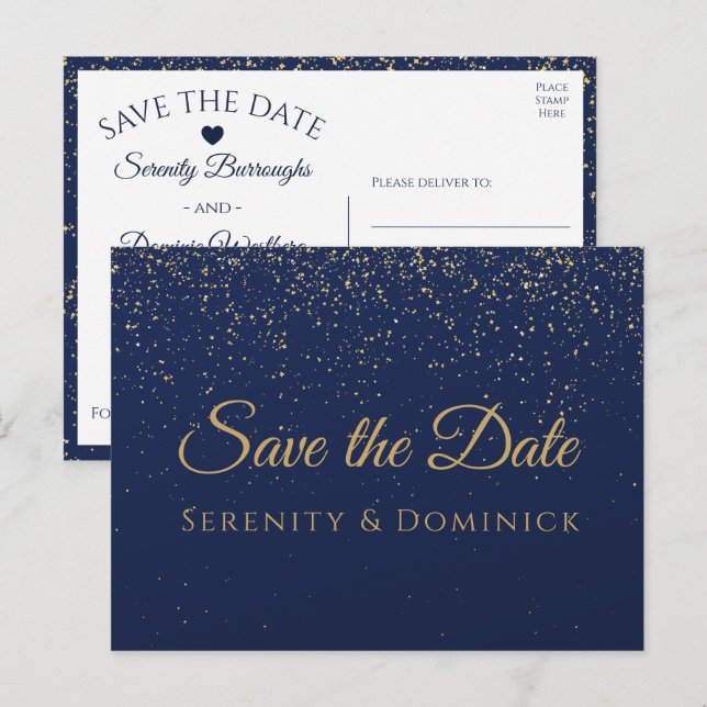 Wedding Engagement Gold Navy Blue Save The Date Postcard (Front/Back)