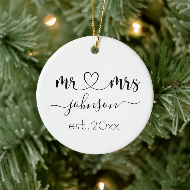 Wedding Engagement Heart Mr Mrs Personalised Name Ceramic Ornament (Tree)