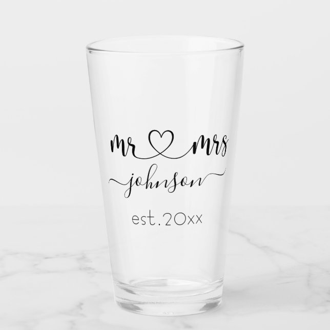 Wedding Engagement Heart Mr Mrs Personalised Name Glass (Front)