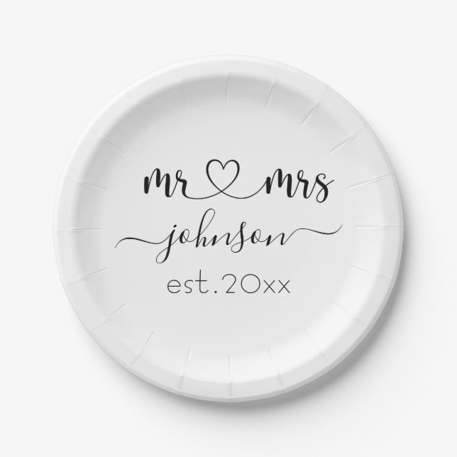 Wedding Engagement Heart Mr Mrs Personalised Name Paper Plate (Front)