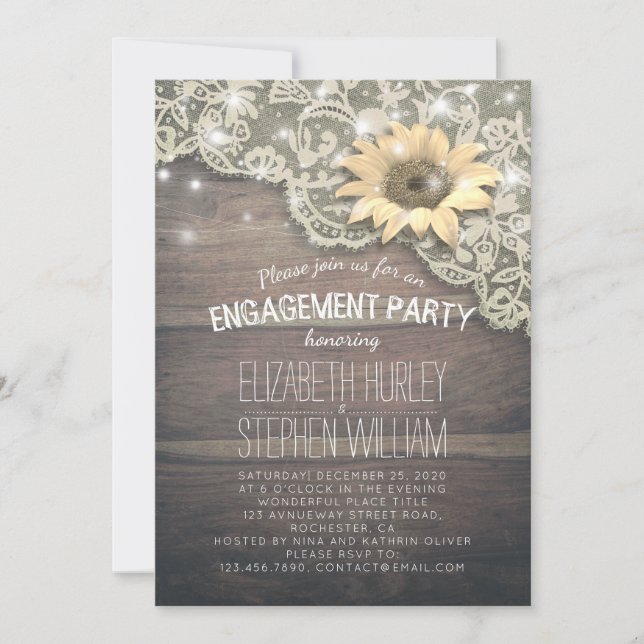 Wedding Engagement Party Lace Sunflower Wood Light Invitation (Front)