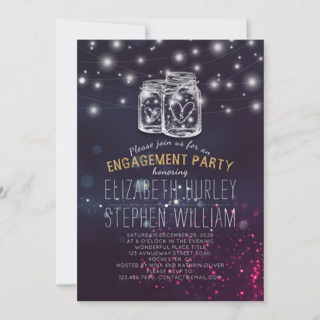 Wedding Engagement Party Mason Jar Purple Lights Invitation (Front)