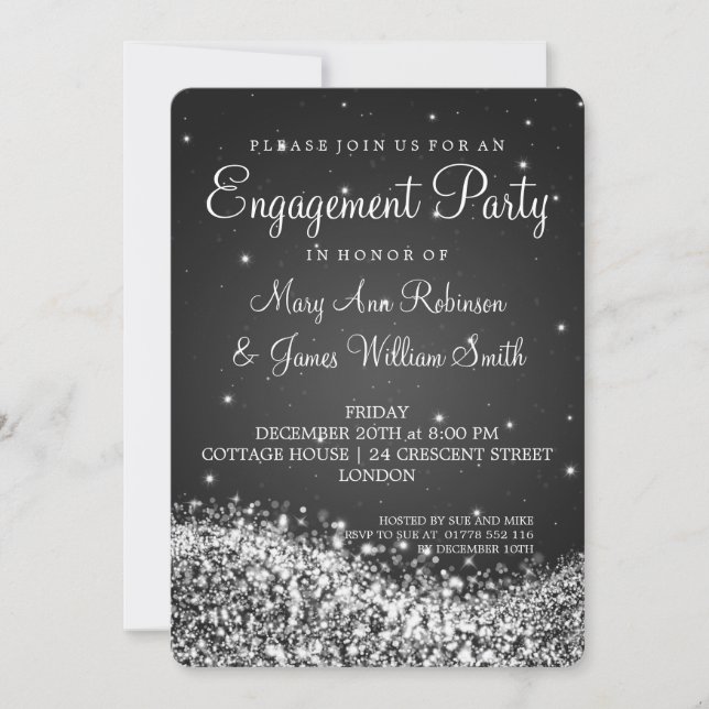 Wedding Engagement Party Sparkling Wave Black Invitation (Front)