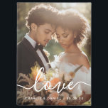 Wedding engagement photo love couples names date magnet<br><div class="desc">Fridge magnet featuring your custom photo with white text overlay “love” in an elegant script font and the names and date below.</div>