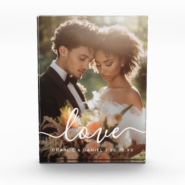 Wedding engagement photo love names date display block (Front)