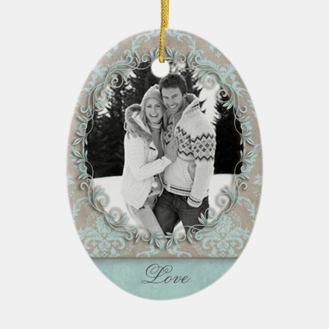 Wedding Engagement Photo Picture Damask Ceramic Ornament (Front)