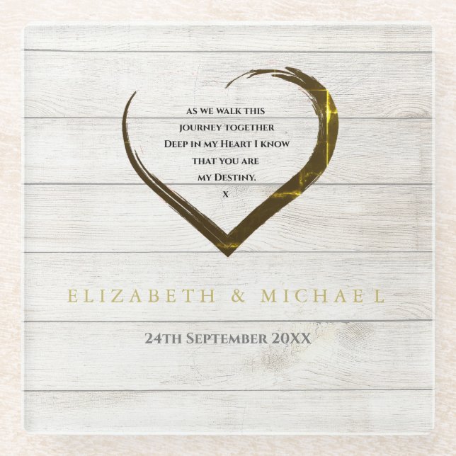 Wedding Engagement  Rustic Heart Quote Personal Glass Coaster (Front)