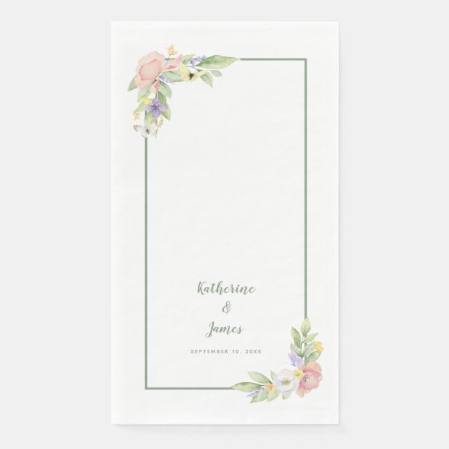 Wedding & Engagement Watercolor Floral Butterflies Napkin (Front)