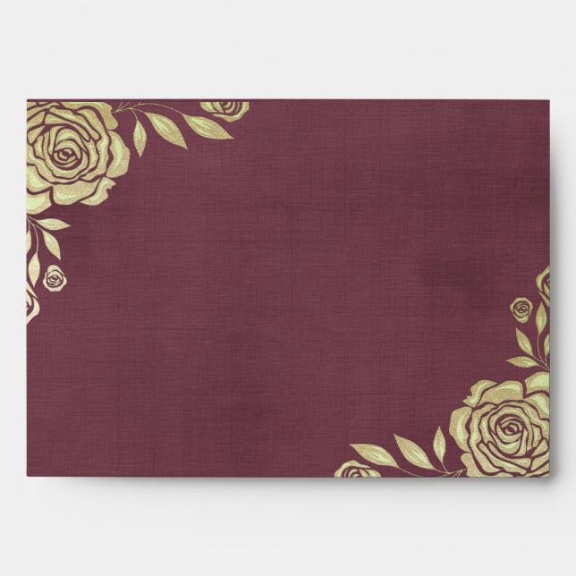 Wedding Envelope Modern Golden Roses Burgundy Red (Front)