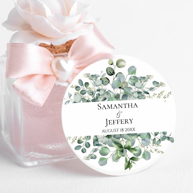 Wedding  Eucalyptus Bride Groom Favour Custom  Classic Round Sticker (Creator Uploaded)