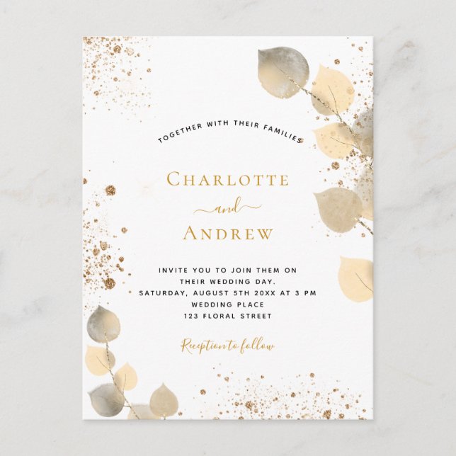 Wedding eucalyptus glitter golden foliage glitter invitation postcard (Front)