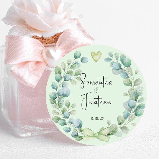 Wedding Eucalyptus Green Bride Groom   Classic Round Sticker (Creator Uploaded)