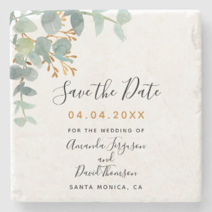 Wedding eucalyptus greenery custom Save the Date  Stone Coaster