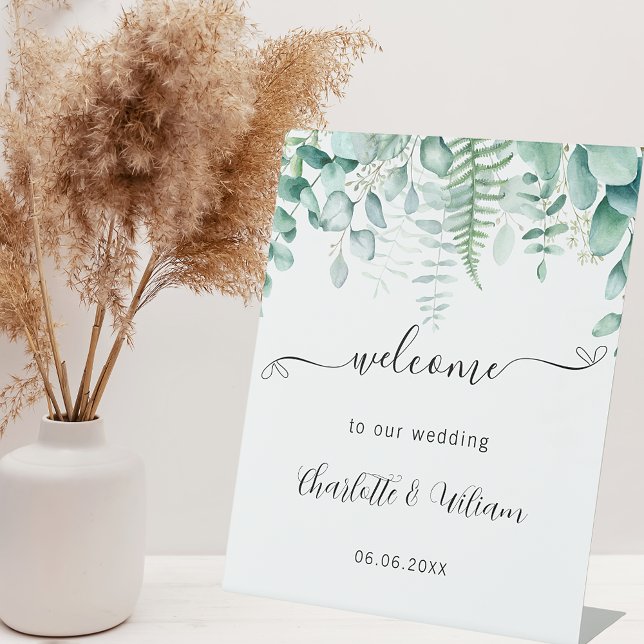 Wedding eucalyptus greenery script welcome pedestal sign (Creator Uploaded)