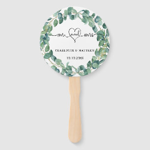 Wedding eucalyptus wreath mr mrs heart names hand fan