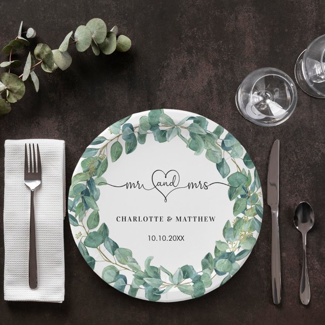Wedding eucalyptus wreath mr mrs heart names paper plate (Creator Uploaded)