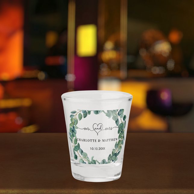 Wedding eucalyptus wreath mr mrs shot glass (Creator Uploaded)