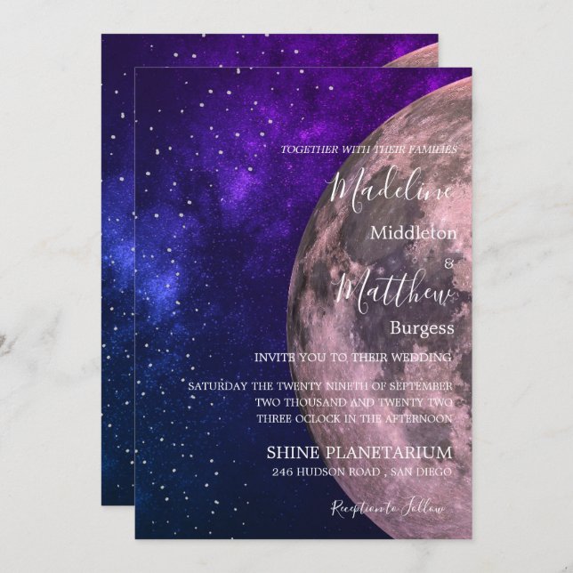 Wedding Evening Sky Moon Stars Purple Wedding Invitation (Front/Back)