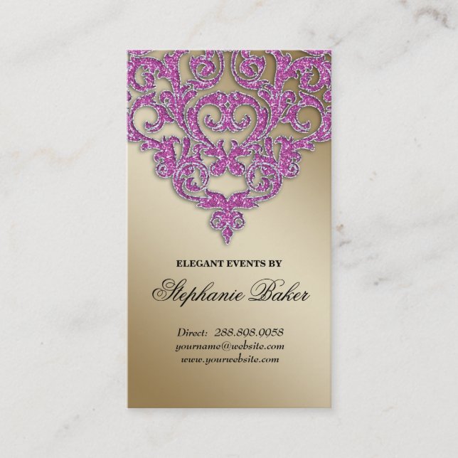 Wedding Event Planner Damask Gold Sparkle Pink V Business Card (Front)