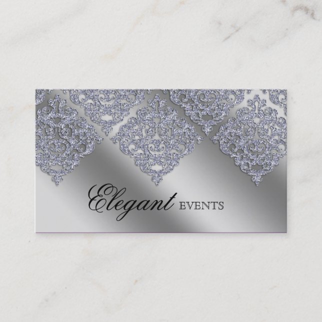 Wedding Event Planner Damask Sparkle Silver Business Card (Front)