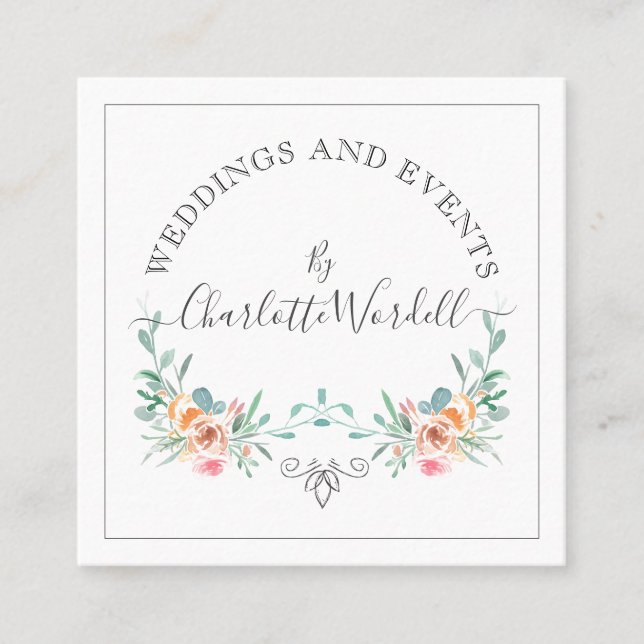 Wedding Event Planner Floral Script Logo  Square Business Card (Front)